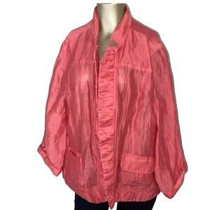 Chico Size 3 Women Coral Pink Linen Open Front Jacket Roll Sleeve